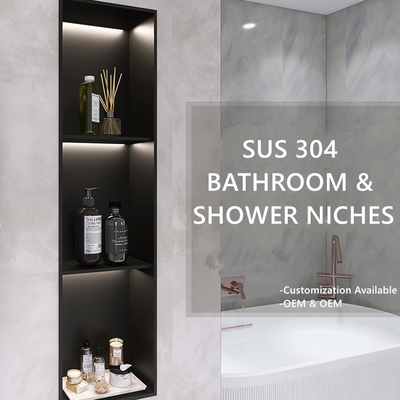 Zwarte vaste oppervlakte douche inzet zeep shampoo niche bak met plank